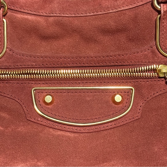 Auth Balenciaga Suede City Bag Brick brown metallic edge medium Strap RARE - Picture 11 of 13